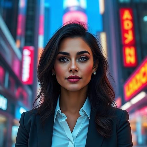 Empresaria latina en ciudad futurista